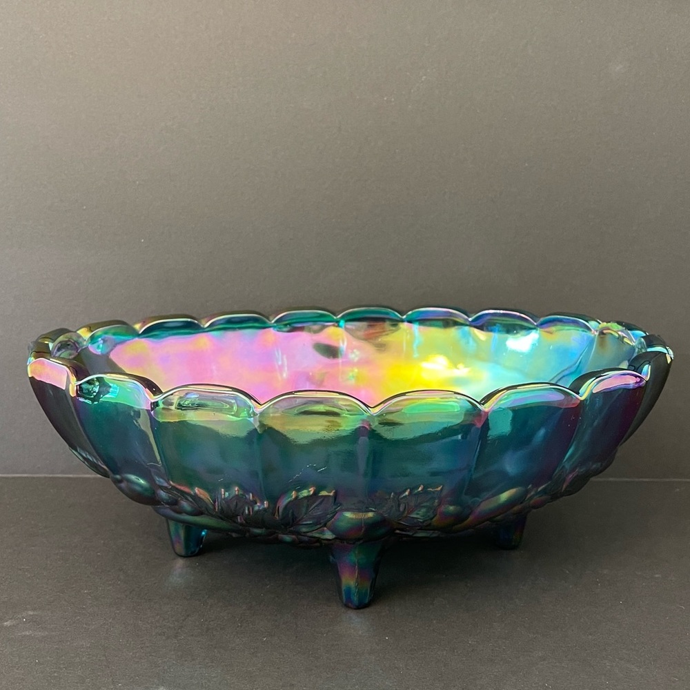 Vintage Iridescent Blue Harvest Indiana Carnival Glass Footed Oval Fruit Bowl